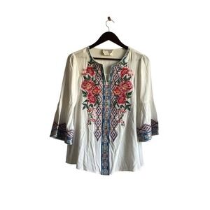 Savannah Jane Embroidered Floral Tunic Top Flare Sleeve White Women's‎ Size S